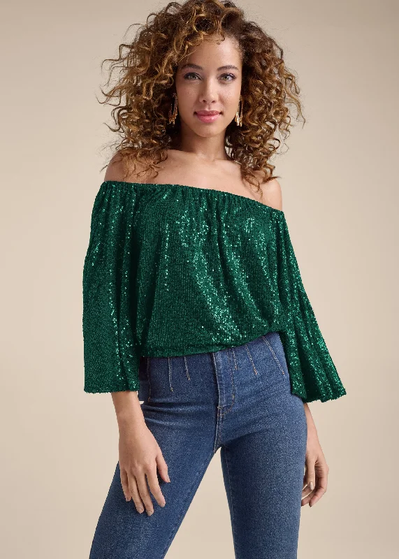 Quick Sale Off-The-Shoulder Sequin Top - Dark Green