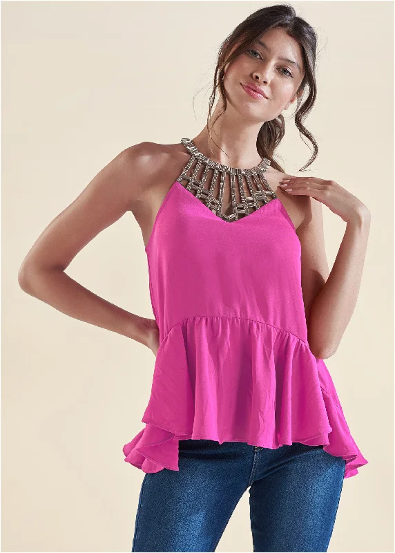 Seasonal Sale Embellished Neckline Top - Fuchsia