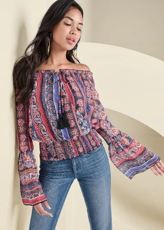 Can't Miss Off-The-Shoulder Print Top - Orange Multi