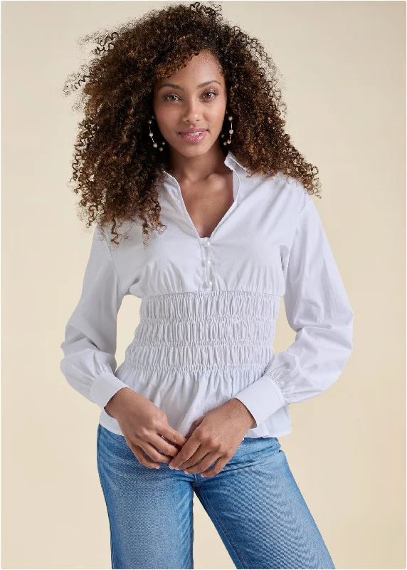 Closeout Smocked Waist Peplum Blouse - White