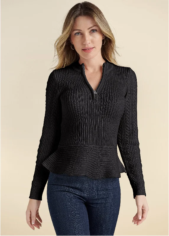 Act Fast Half Zip Peplum Sweater - Black