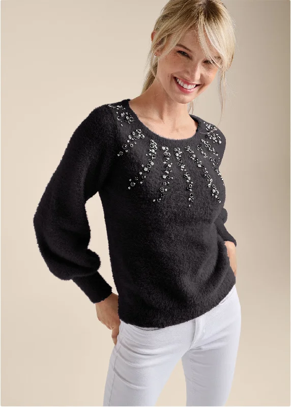 The Best Prices Jeweled Feather-Soft Sweater - Black Multi