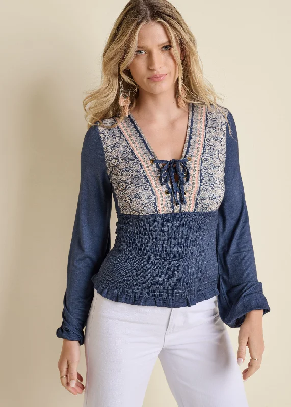 Year-End Sale Smocked Border Print Top - Blue Multi
