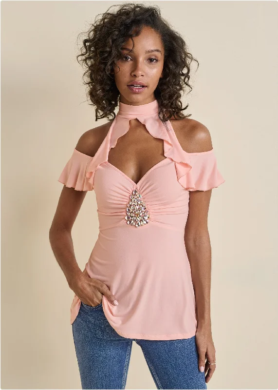Fantastic Offers Embellished Ruffle Top - Pink
