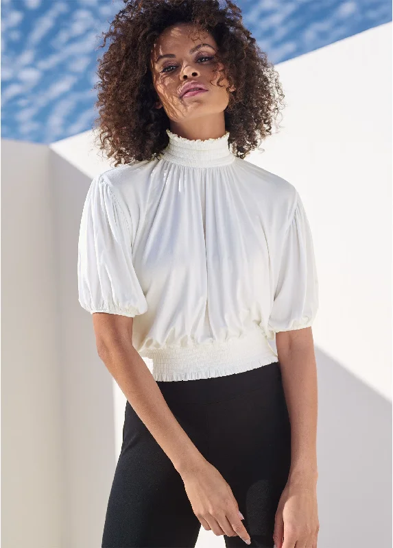 Don’t Miss Out Smocked Mock-Neck Crop Top - Off White