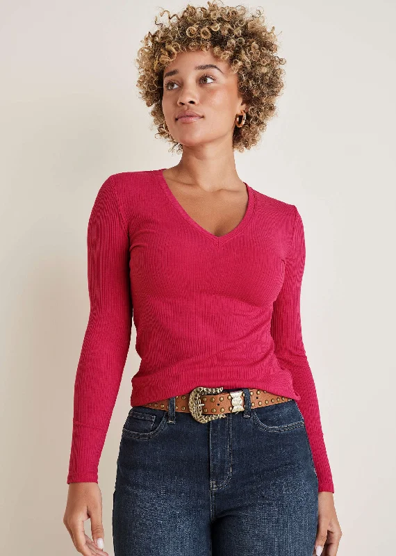 Members Only Ribbed Long Sleeve V-Neck - Barberry