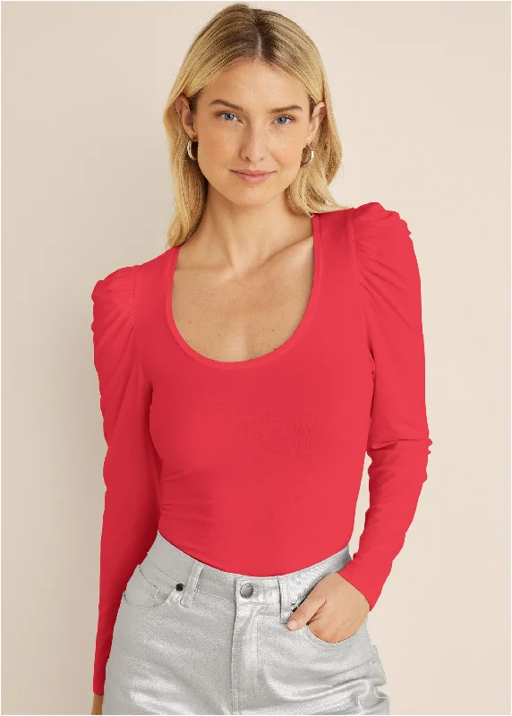Weekend Deal Puff Shoulder Long Sleeve Top - Red