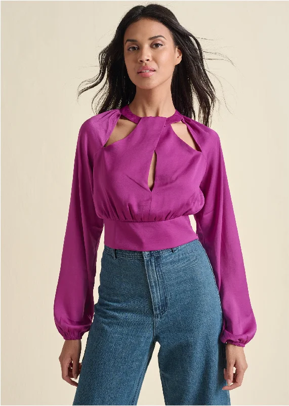 Today’s Deal Cropped Cut-Out Blouse - Dark Pink