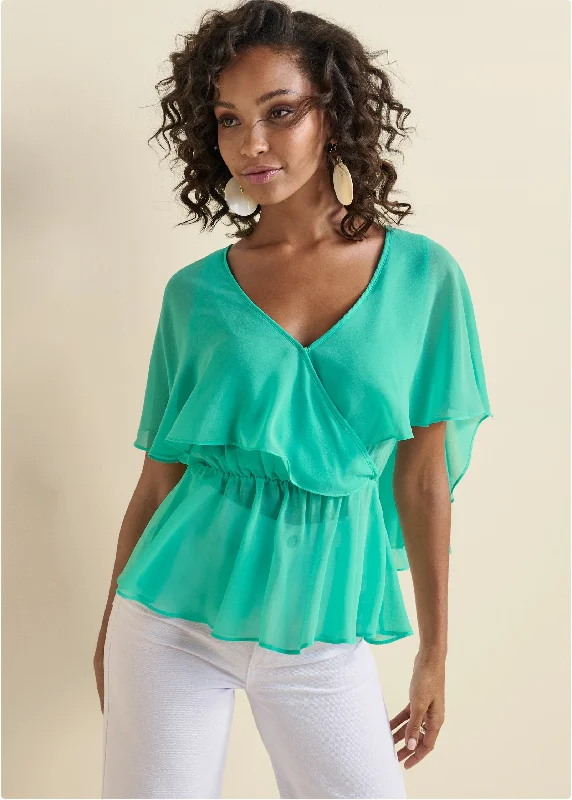 Deal of the Day Surplice Chiffon Top - Turquoise