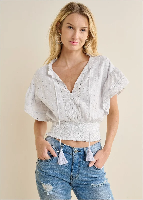 Year-End Sale Eyelet Flutter Sleeve Top - Off White