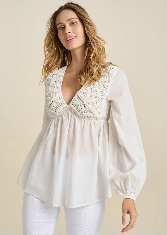 Limited Stock Macrame Babydoll V-Neck Top - Off White