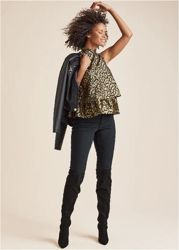 Hot Deal Tiered Hem Mock Neck Top - Black Multi