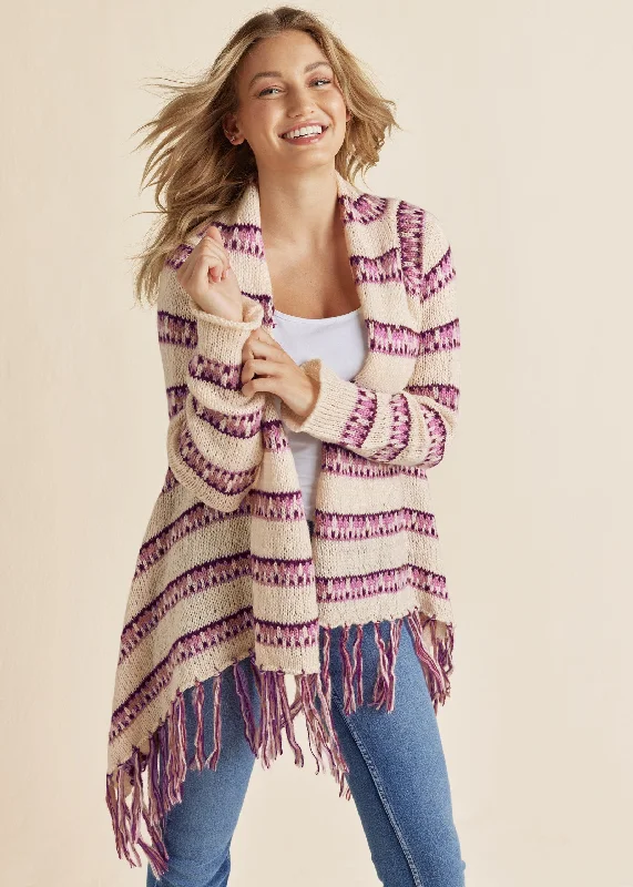 Bonus Savings Stripe Fringe Cardigan - Beige Multi