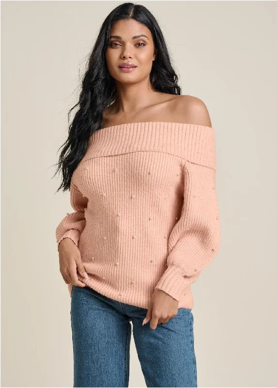 Price Drop Pearl Embellished Sweater - Peach