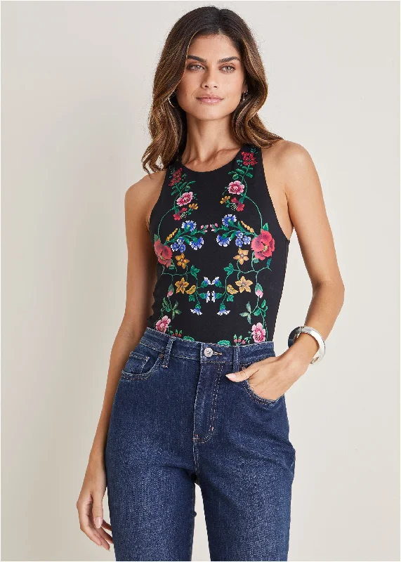 Online Only Floral Print Bodysuit - Black