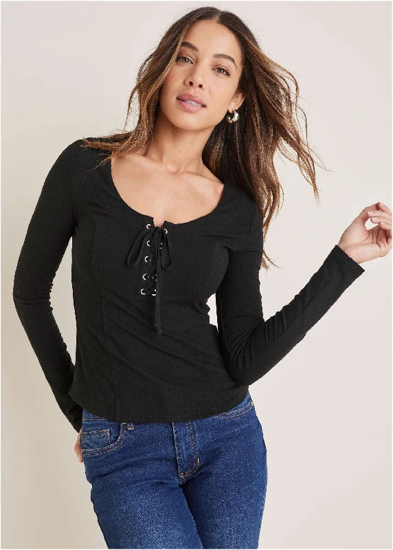 Customer Appreciation Sale Lace-Up Ribbed Top - Black