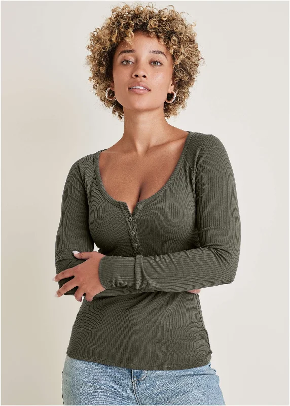Discount Deals Long Sleeve Henley Tee - Olive