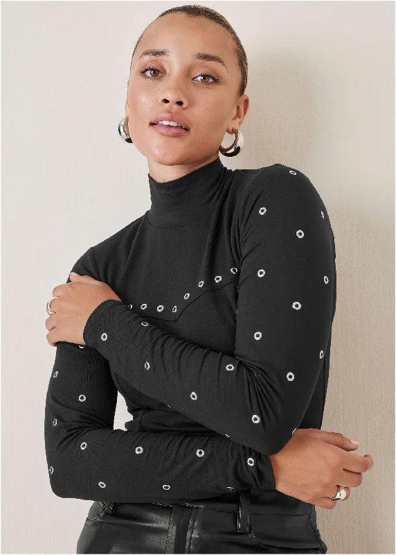 Grand Opening Sale Grommet Mock Neck Top - Black