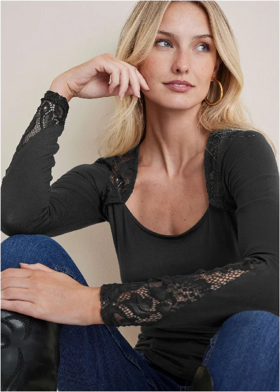 Clearance Event Lace Inset Long Sleeve Top - Black