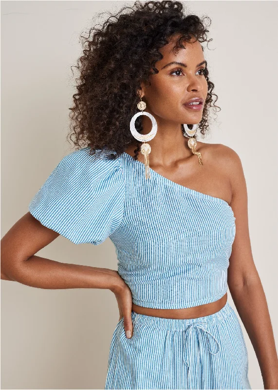 Best Seller Linen One Shoulder Top - Blue Whisper Stripe