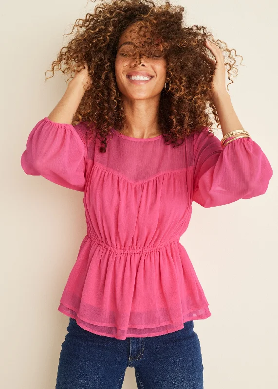 New Arrival Sheer Beauty Blouse - Hot Pink