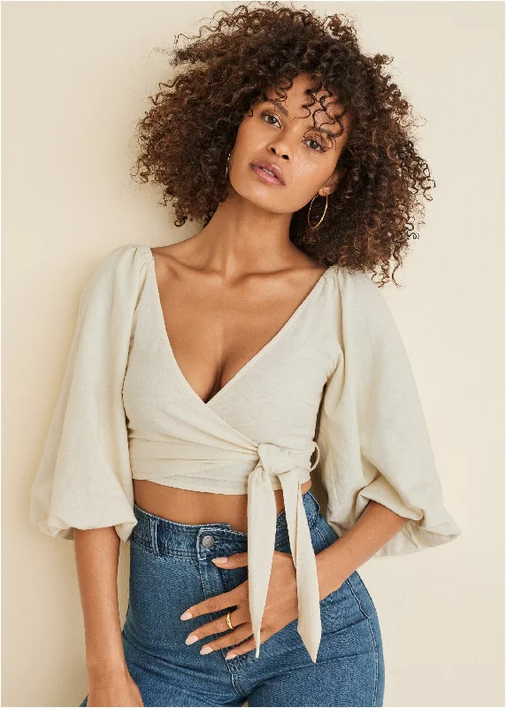 Price Reduction Linen Wrap Top - Cream