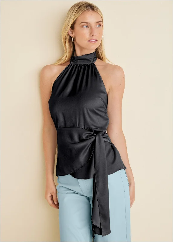 Instant Discount Halter Neck Wrap Blouse - Black