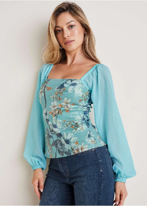Clearance Sale Opulent Sequin Blouse - Light Blue Multi
