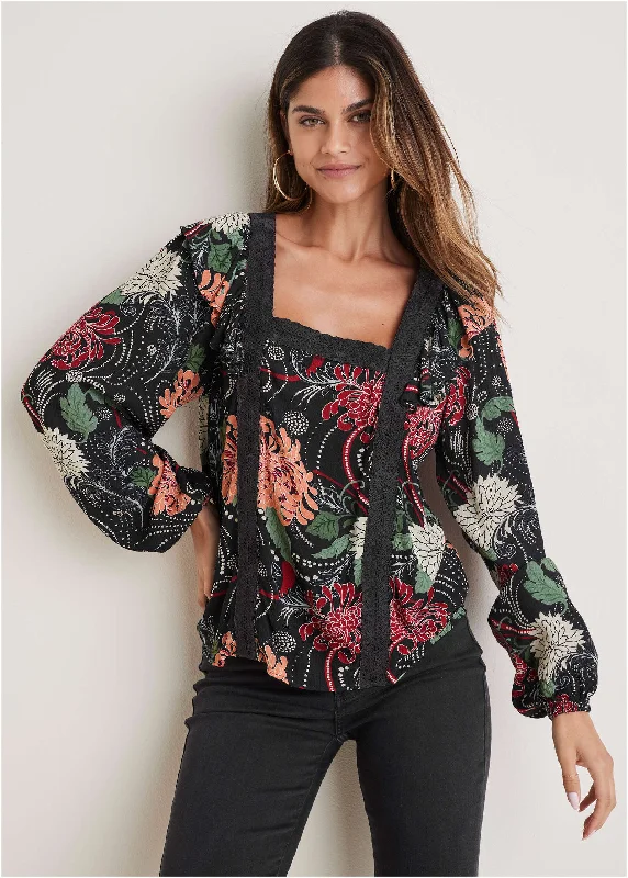 New Markdowns Ruffle Square Neck Blouse - Whimsical Mums