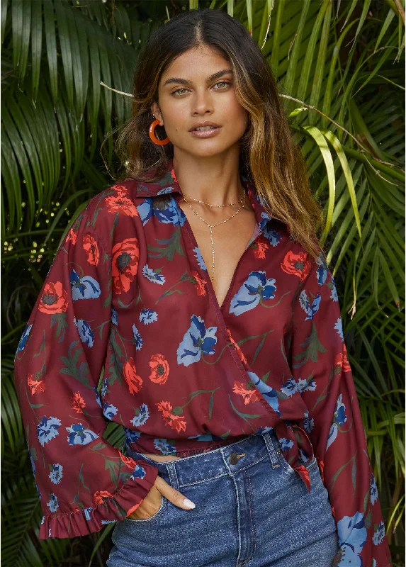 Daily Deals Chiffon Tie Front Blouse - Forest Floral