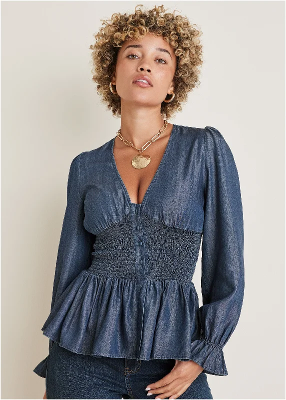 Limited Availability Chambray Smocked Top - Dark Wash