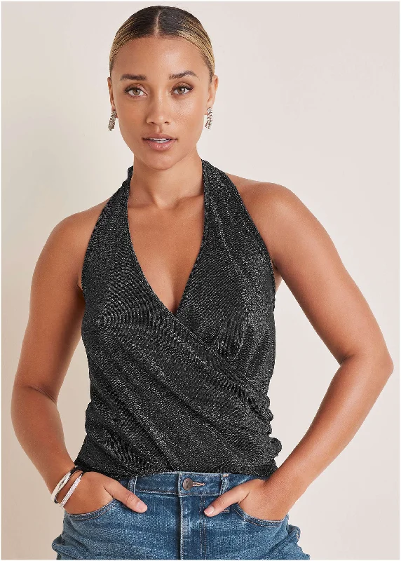 Special Buy Glitter Knit Wrap Tank - Jet Black Glitter Knit