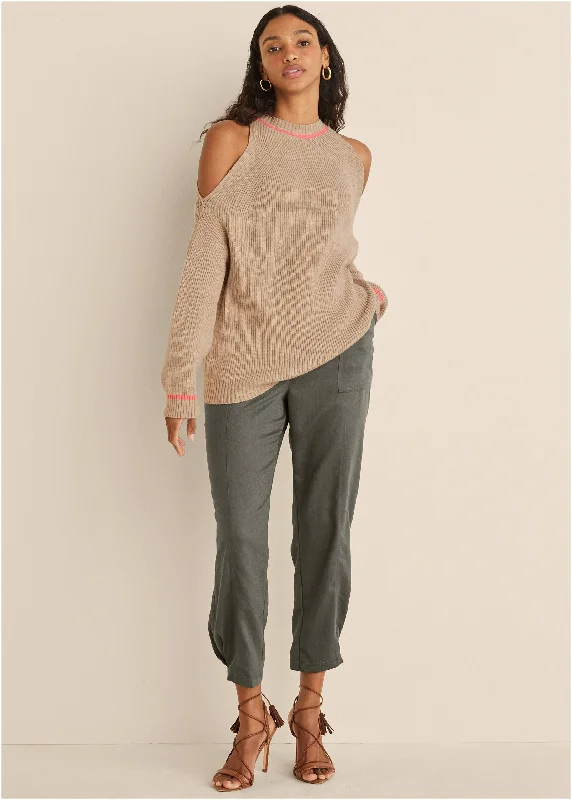 Hurry In Cold Shoulder Sweater - Camel