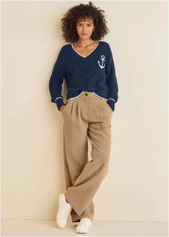 Exclusive Deal Anchor V-Neck Sweater - Navy & White