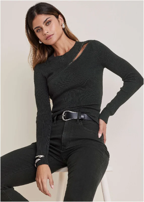 While Supplies Last Lightweight Zipper Sweater  - Black