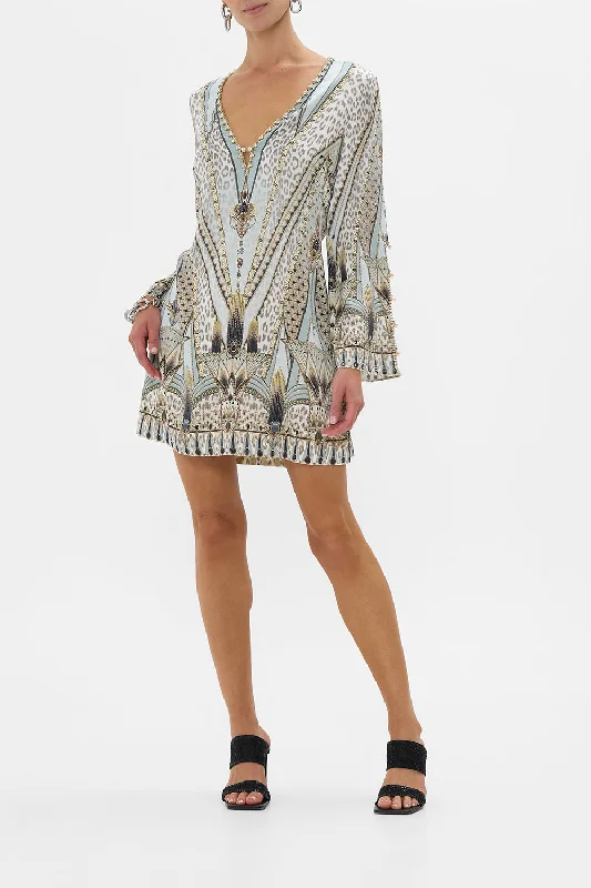 Super Bargain LONG SLEEVE DEEP V SHORT DRESS SAHARA STARLET