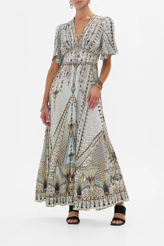 Year-End Sale SHAPED WAISTBAND DRESS WITH FLUTTER SLEEVES SAHARA STARLET