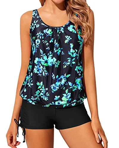 Price Rollback 2 Piece Blouson Tankini Swimsuits For Women Boyshorts-Black Blue Floral Price Rollback 2 Piece Blouson Tankini Swimsuits For Women Boyshorts-Black Blue Floral