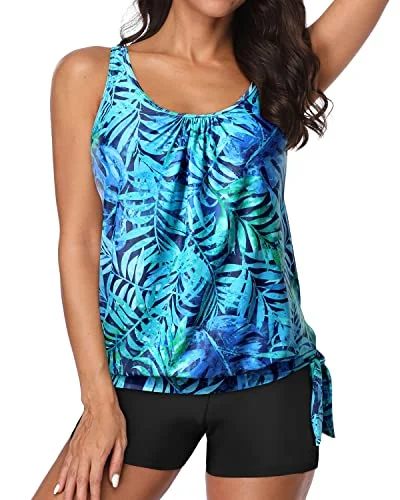 Super Sale Boyleg Bottoms Padded Bra Tankini Bathing Suit For Women-Dark Blue Green Leaves Super Sale Boyleg Bottoms Padded Bra Tankini Bathing Suit For Women-Dark Blue Green Leaves