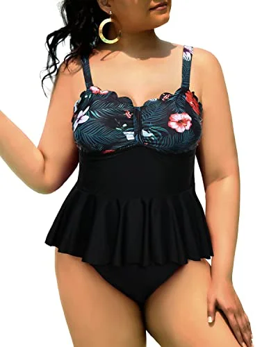 Value Deals Tummy Control Bathing Suits Scalloped Design Plus Size Tankini Swimsuits-Black Floral Value Deals Tummy Control Bathing Suits Scalloped Design Plus Size Tankini Swimsuits-Black Floral