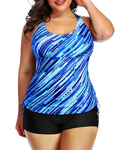 One-DAY Sale 2 Piece Plus Size Swimsuit High Waisted Boyshorts For Women Of All Ages-Blue Stripes One-DAY Sale 2 Piece Plus Size Swimsuit High Waisted Boyshorts For Women Of All Ages-Blue Stripes
