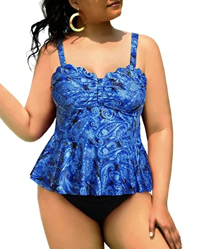 Unbeatable Prices 2 Piece Ruffle Hem Plus Size Tankini Swimsuits Tummy Control Bathing Suits-Blue Tribal