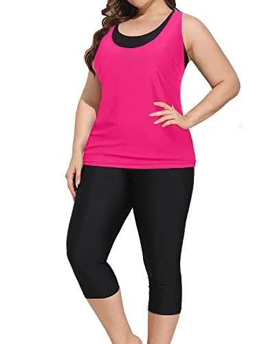 Massive Deals Tankini Tops Sports Bra And Swim Capris Plus Size For Women-Neon Pink