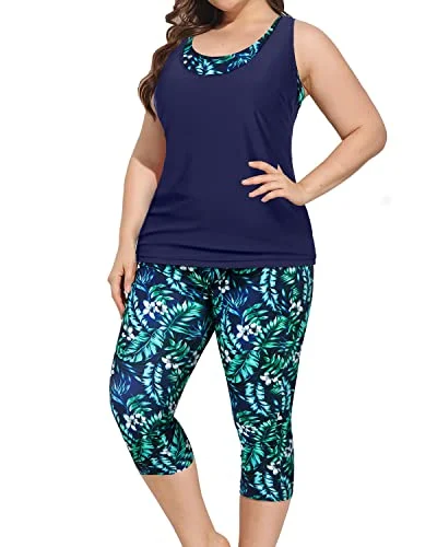 New Deals 3 Piece Plus Size Tankini Swimsuit Sports Bra And Swim Capris For Women-Blue Leaves New Deals 3 Piece Plus Size Tankini Swimsuit Sports Bra And Swim Capris For Women-Blue Leaves
