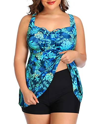 New Markdowns Adjustable Shoulder Straps Bathing Suits Tankini Swimsuits Shorts-Blue Leaves