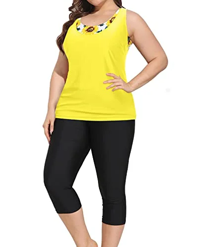 Limited Availability Athletic Plus Size Swimsuits For Women Tankini Tops Sports Bra And Swim Capris-White And Sunflower Limited Availability Athletic Plus Size Swimsuits For Women Tankini Tops Sports Bra And Swim Capris-White And Sunflower