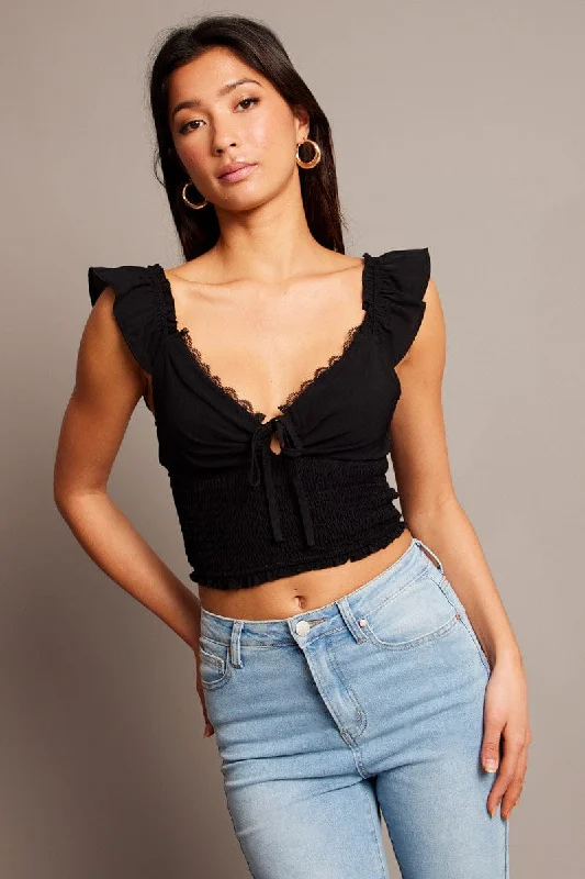 Mega Sale Black Crop Top Short Sleeve Lace Trim Shirred Waist