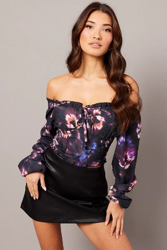 Midnight Madness Black Floral Crop Top Long Sleeve Shirred Waist