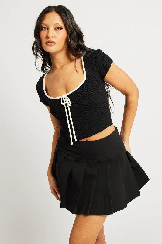 Super Deal Black Knit Top Short Sleeve Square Neck