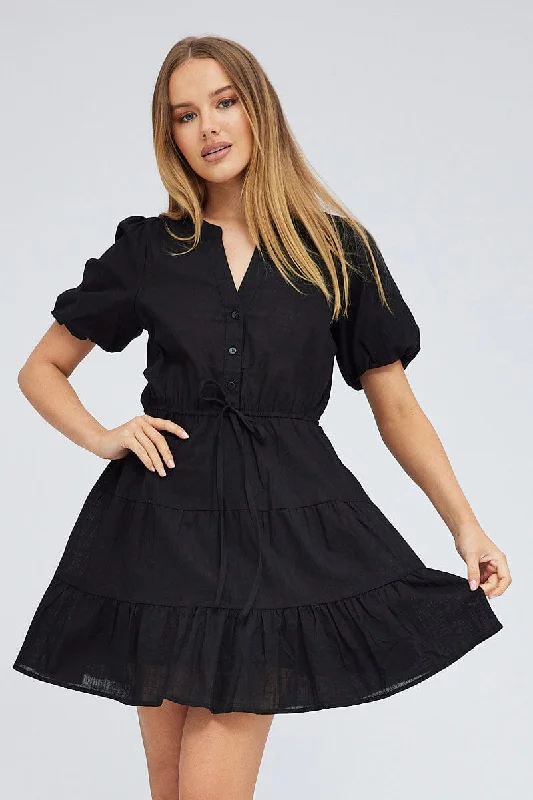 Price Smash Black Shirt Dress Short Sleeve Tiered